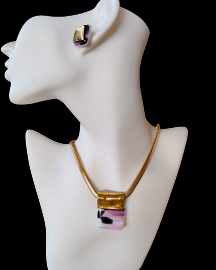 Pendentif en verre Rose bariolé et Or